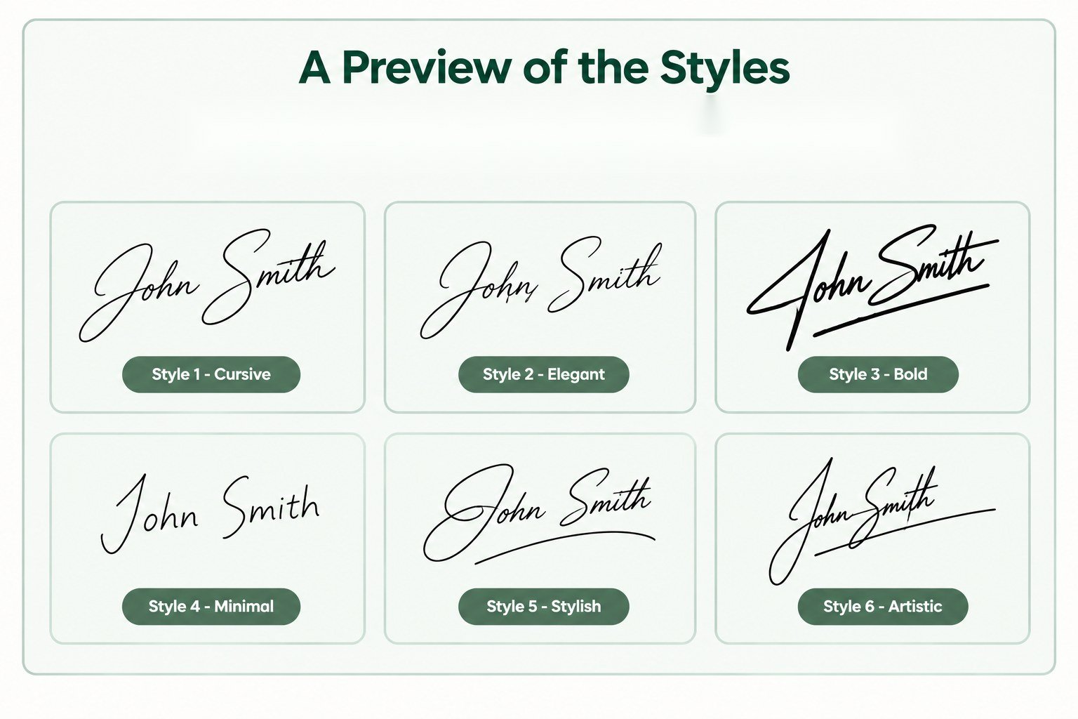 Different signature styles created with a signature generator